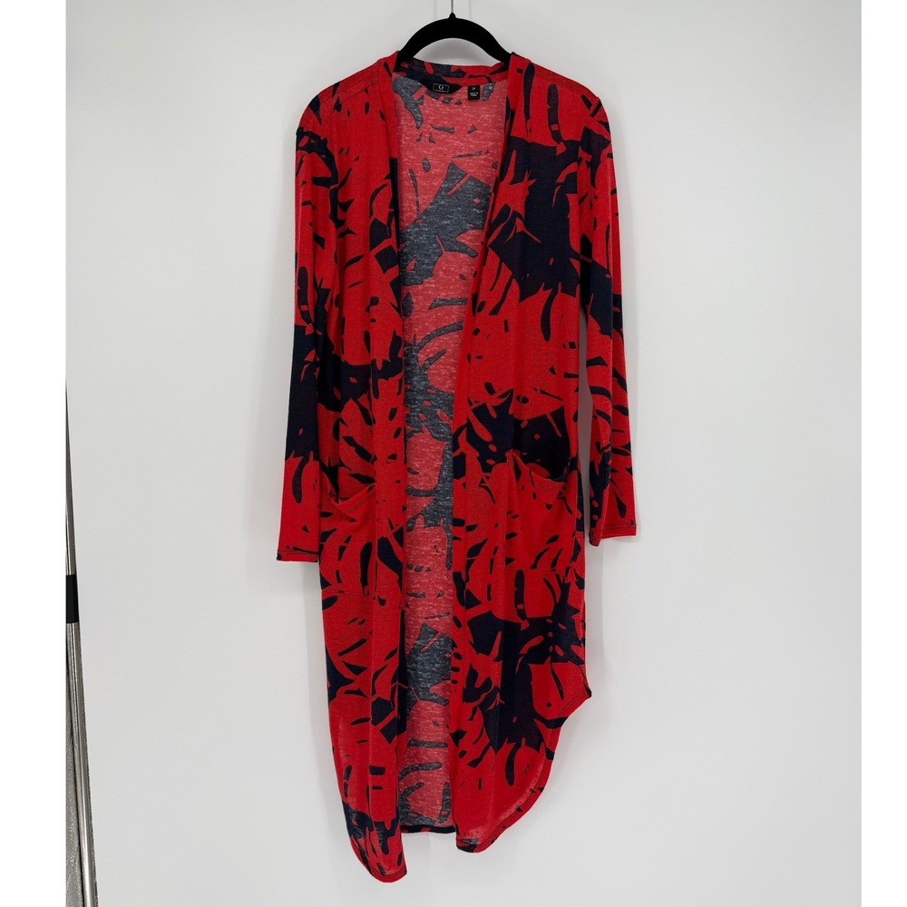 G by Giuliana Red Navy Tropical Monstera Leaf Open Front Cardigan Small Petite